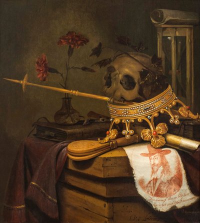 Ein Vanitas-Stillleben mit einem Schädel, Krone, Zepter, Flöte, Blasebalg, Sanduhr, Nelken in einer Glasvase, Schriftrolle, Buch und einem gravierten Porträt von Charles I. von Vincent Laurensz van der Vinne