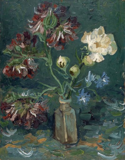 Flasche mit Pfingstrosen und blauen Rittersporn von Vincent van Gogh