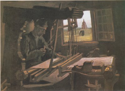 Weber vor einem offenen Fenster mit Blick auf den Turm von Nuenen von Vincent van Gogh