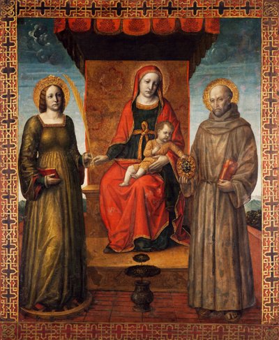 Thronende Madonna mit Kind und den Heiligen Bernhardin und Katharina von Alexandrien von Vincenzo Foppa