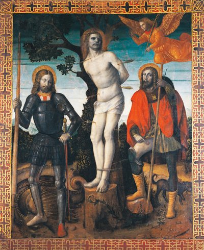 Heiliger Sebastian, Heiliger Rochus und Heiliger Georg, Rückseite des Prozessionsbanners von Orzinuovi von Vincenzo Foppa