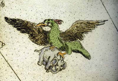 Der riesige Vogel Rok trägt einen Elefanten zwischen seinen Krallen, um ihn seinen Jungen zu geben, Detail einer Weltkarte von Vincenzo Coronelli (1650-1718). 17. Jahrhundert von Vincenzo Maria Coronelli
