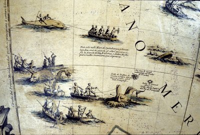 Walfang im Pazifik. Detail eines Globus von Coronelli aus dem 17. Jahrhundert von Vincenzo Maria Coronelli