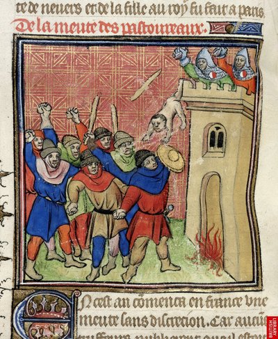 Detail einer Miniatur des Dritten Kreuzzugs der Pastoureaux. Juden werfen ihre Kinder von einem Turm, nach 1380 von Virgil Master