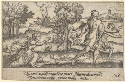 Atalanta und Hippomenes, im Vordergrund kniet Atalanta, um einen Apfel aufzuheben von Virgil Solis