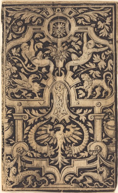 Riemenwerk und Laubornament auf dunklem Grund mit Affen und anderen Tieren von Virgil Solis