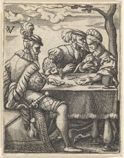 Zwei Männer und eine Frau spielen Karten an einem Tisch, ein Mann drückt seine Nase..., ca. 1535-62 von Virgil Solis