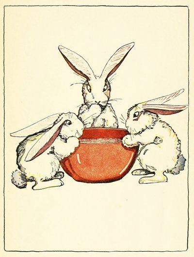 Flopsy, Mopsy und Cotton-Tail hatten Brot und Milch und Brombeeren zum Abendessen, aus The Tale of Peter Rabbit, veröffentlicht 1916 (Farblithografie) von Virginia Albert