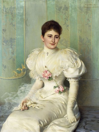 Porträt einer Dame, sitzend, dreiviertel Länge, in einem weißen Kleid von Vittorio Matteo Corcos