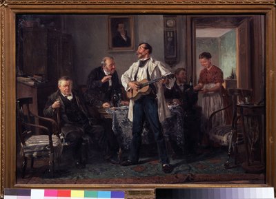 Die Kumpels. Versammelt um einen Tisch in einem Salon hören sie einem Gitarristen zu, der singt, während eine Frau ihnen eine neue Flasche Wein bringt. Gemälde von Wladimir Jegorowitsch Makowski (1846-1920), Öl auf von Vladimir Egorovic Makovsky