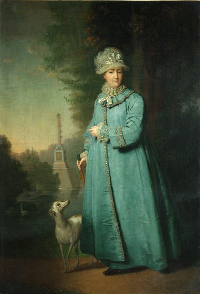Katharina II. spaziert im Park von Zarskoje Selo mit der Chesme-Säule im Hintergrund, 1794 von Vladimir Lukich Borovikovsky