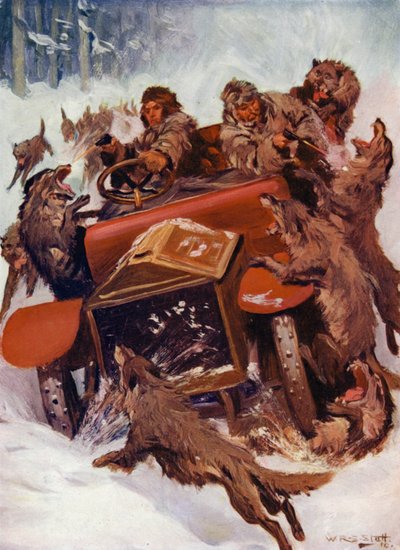 Die wilden Kreaturen schienen das Auto zu überrennen (Farblithografie) von W.R.S. (after) Stott