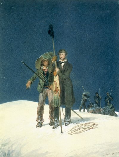 Charles Fellows mit William Hawes, pflanzt einen Stab auf dem Gipfel, eingefügt als Beilage in A Narrative of an Ascent to the Summit of Mont Blanc von Charles Fellows (1799-1860), veröffentlicht 1827 von W.S. Hastings
