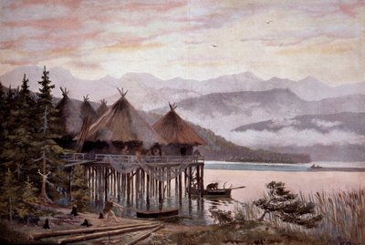 Prähistorie: Dorf auf Pfählen am Ufer des Zürichsees in der Steinzeit. Pfahlbaudorf, prähistorische Seesiedlung. Nach einem Gemälde von W. Kranz, 20. Jahrhundert von W. (after) Kranz