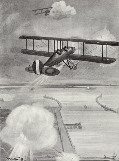 Staffelführer Richard Davies und Flugleutnant Richard Peirse werfen Bomben auf die U-Boot-Station in Zeebrugge unter schwerem Beschuss, 23. Januar 1915 von W. Avis