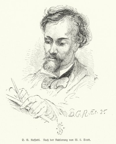 Dante Gabriel Rossetti, britischer Dichter, Illustrator, Maler und Übersetzer, einer der Gründer der Präraffaeliten-Bruderschaft (Lithografie) von W. Bell (after) Scott