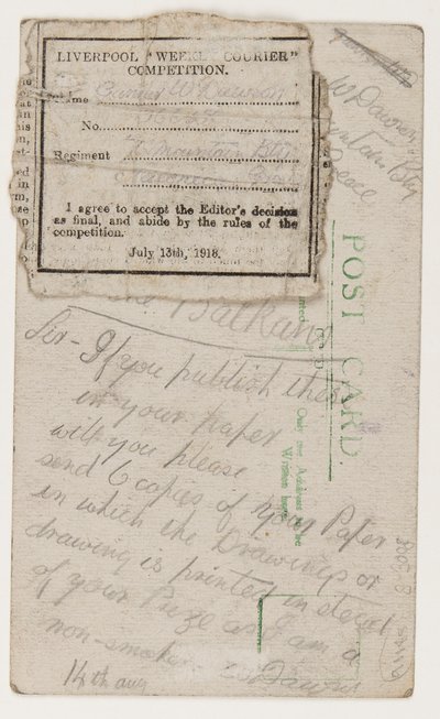 Postkarte an den Herausgeber des Liverpool Weekly Courier, 14. August 1918 von W. Dawson