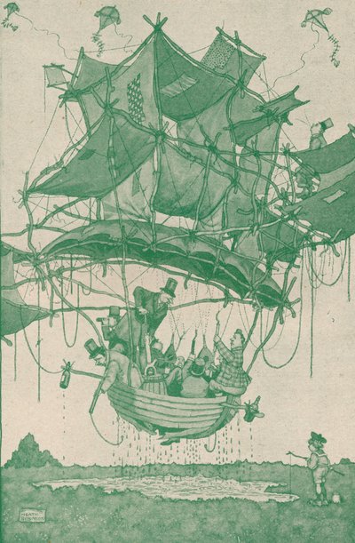 Ein sehr früher Typ eines Wasserflugzeugs bei einem Testflug von den Hampstead Ponds, um 1918-1919 von William Heath Robinson