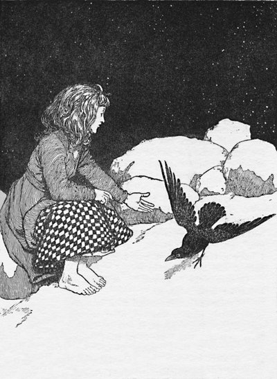Plötzlich hüpfte ein großer Rabe vor ihr auf den Schnee, ca. 1930 von William Heath Robinson
