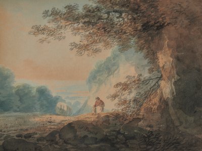 Landschaft, Baum im rechten Vordergrund, Karren und Figuren von Frau und Kind von W Payne