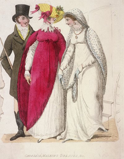 Zwei Frauen in Spazierkleidern begleitet von einem Mann, ca. 1810 von W Read