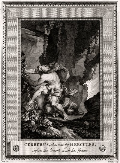 Cerberus, von Herkules angekettet, infiziert die Erde mit seinem Schaum, 1774 von W. Walker