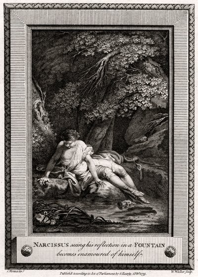 Narziss sieht sein Spiegelbild in einem Brunnen und verliebt sich in sich selbst, 1775 von W. Walker