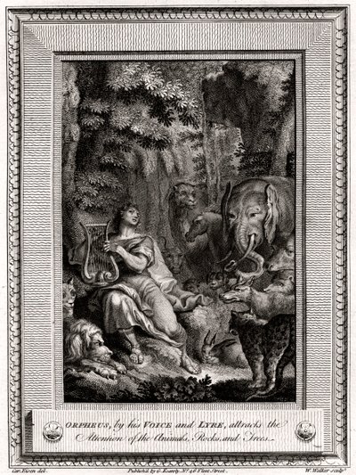 Orpheus, durch seine Stimme und Leier, zieht die Aufmerksamkeit der Tiere, Felsen und Bäume auf sich, 1774 von W. Walker