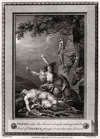 Thisbe nimmt das Schwert, das bereits mit dem Blut von Pyramus trieft, und stürzt es hinein..., 1775 von W. Walker