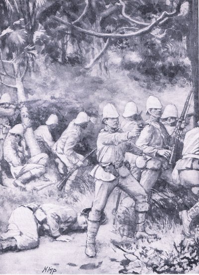 Kampf um eine Straße durch den Wald auf dem Weg nach Coomassie, Illustration aus 
