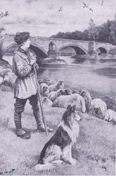Der Anblick der alten römischen Brücke in Musselburgh regt die Fantasie von John Rennie, dem Schäferjungen, an, aus My Magazine, veröffentlicht 1922 (Lithografie) von Wal Paget