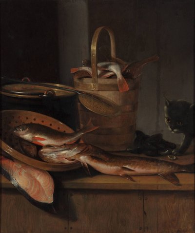 Stillleben mit Fisch und Katze, um 1650-1660 von Wallerant Vaillant