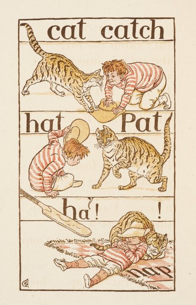 Ein Junge spielt mit einer Katze. Illustration in 