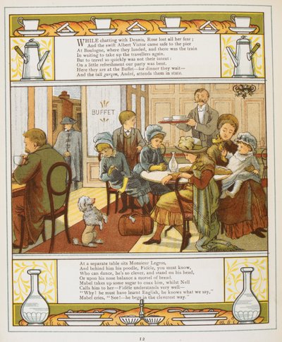 Eine Familie bei Erfrischungen in einem Buffet. Farbige Illustration aus 