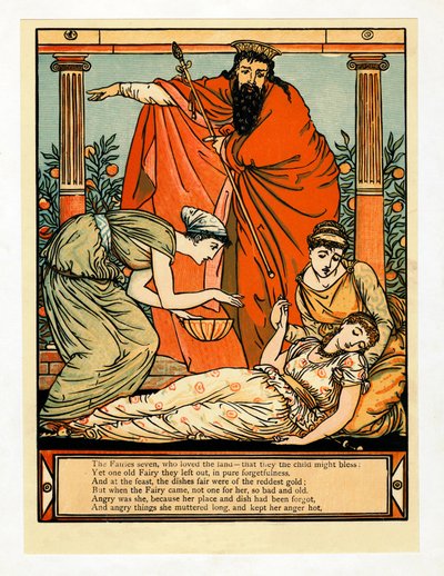 Und sie fällt in einen todesähnlichen Schlaf, aus dem Blue Beard Picture Book, veröffentlicht 1879 von Walter Crane