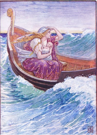 Zwei Tage und zwei Nächte wurde das Boot hin und her geworfen, Illustration aus Die Geschichte Griechenlands, 1930er Jahre von Walter Crane