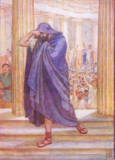 Er verließ die Versammlung und verbarg sein Gesicht in seinem Mantel, Illustration aus Die Geschichte Griechenlands, 1930er Jahre von Walter Crane