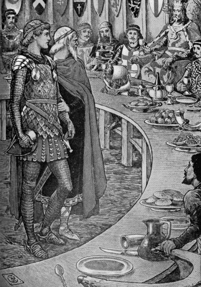 König Artus - Ein alter Mann präsentiert Sir Galahad. von Walter Crane