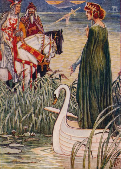 König Artus bittet die Dame vom See um das Schwert Excalibur von Walter Crane