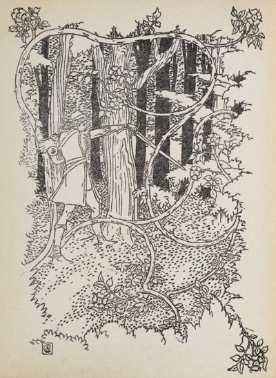 Prinz Charming bahnt sich seinen Weg durch den überwucherten Wald zu Dornröschen von Walter Crane
