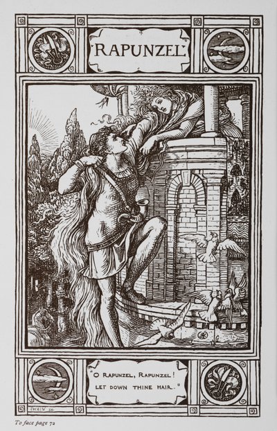 Rapunzel lehnt sich aus dem Fenster eines Turms, während ein Prinz an ihrem Haar hochklettert von Walter Crane