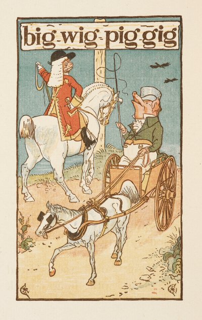 Reimwörter, die mit dem Buchstaben G enden. Eine Illustration zeigt ein Schwein, das ein Pferd reitet, und ein anderes, das einen Wagen fährt. Der Goldene Primer von Walter Crane