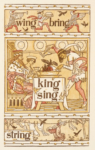 Reimwörter, die mit dem Buchstaben G enden. Amseln in einer Pastete. Eine Wäscheleine. Der goldene Primer. von Walter Crane