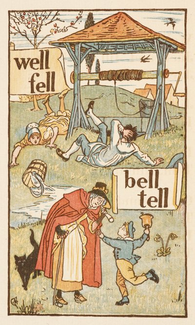 Reimwörter, die mit dem Buchstaben L enden. Ein Junge mit einer Glocke. Eine alte Frau und ihre Katze. Das goldene Primer. von Walter Crane