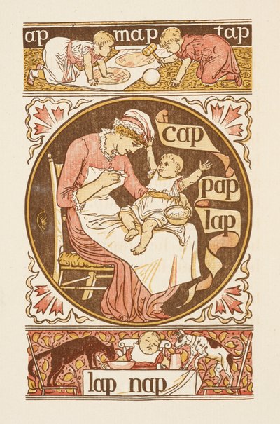 Reimwörter, die mit dem Buchstaben P enden. Eine Illustration, die eine Frau zeigt, die ein Kind füttert. Der goldene Primer. von Walter Crane
