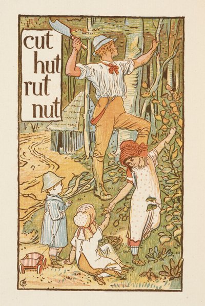Reimwörter, die mit dem Buchstaben T enden. Eine Illustration, die einen Mann zeigt, der einen Baum fällt. Drei Kinder sind bei ihm. Der goldene Primer. von Walter Crane