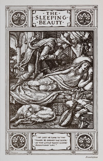 Dornröschen schläft, umgeben von einem schlafenden Hund und einem Musikinstrument, während Prinz Charming über sie wacht. von Walter Crane