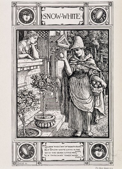 Schneewittchen und die Hexe, die ihren Apfel pflegt - in „Hausmärchen aus der Sammlung der Brüder Grimm“, aus dem Deutschen übersetzt von Lucy Crane, London Macmillan & Co. Ltd von Walter Crane