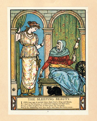 Die Prinzessin lernt spinnen, aus dem Blue Beard Picture Book (1879) von Walter Crane