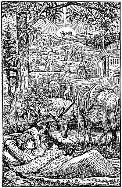 Reisen mit einem Esel in den Cevennen, von Robert Louis Stevenson. Abend, der Schriftsteller träumt während eines Nachtstopps, nahe seiner Eselin Modestine. Frontispiz der ersten englischen Ausgabe (1879), Holzschnitt von Walter Cra von Walter Crane